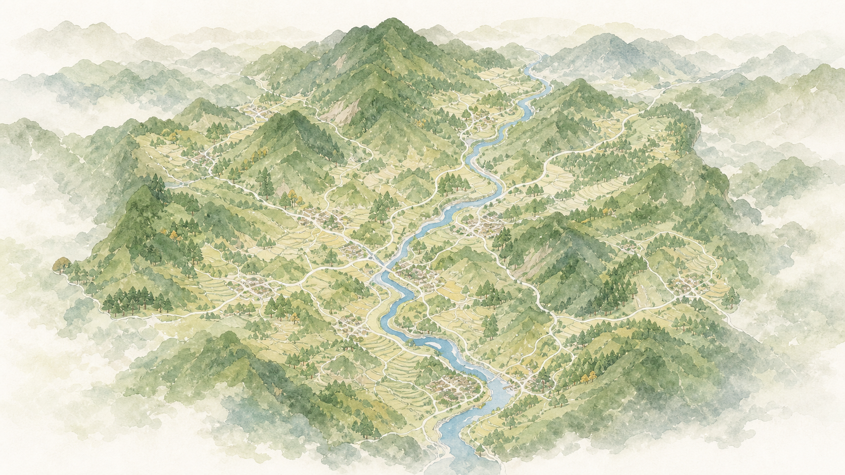 山と川が広がる神山町のイラストマップ